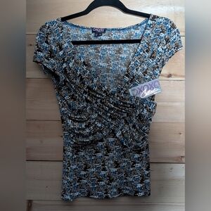 XOXO Blue and Brown Mosaic Blouse...Super Cute With Stretch